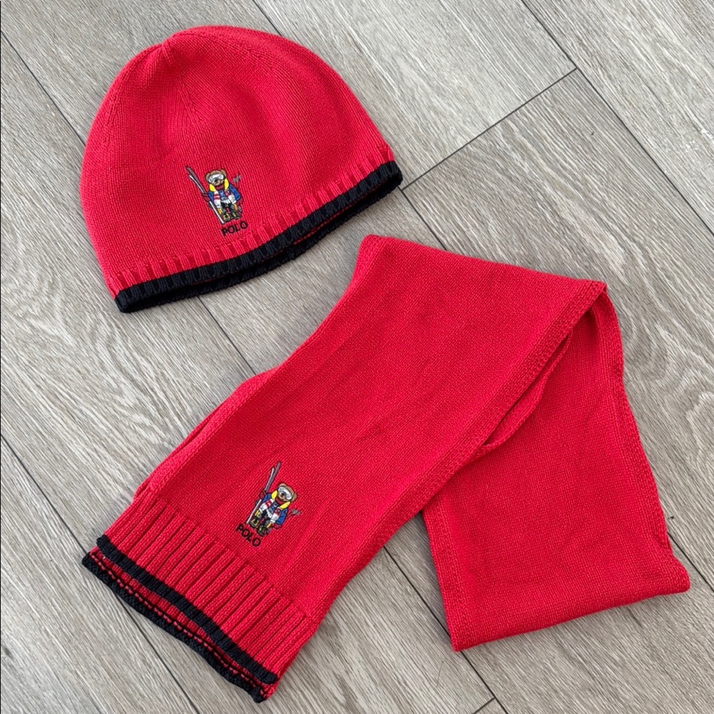 Polo by Ralph Lauren Red and Black Hat and Scarf Set Big Bear Ski size 8-20 kids